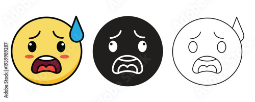 Yellow Scared and Screaming Face Emoji Combo with Outline and Silhouette Vector Assets