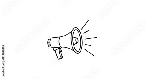 Simple black outline vector graphic illustration of a megaphone announcing loudly with radiating sound lines