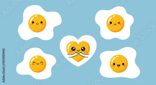 Group of happy fried eggs with various cute facial expressions including one heart shaped egg giving a warm hug.
