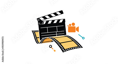 Professional film clapperboard shown with a roll of film strip and a simple movie camera icon for video production.