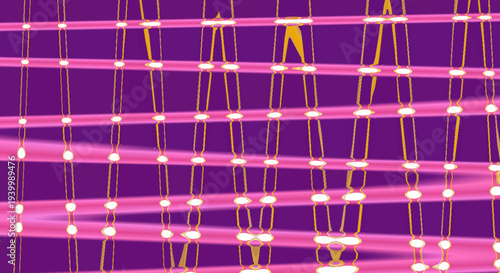 Abstract digital art vector with yellow sinusoidal wave interference, pink horizontal lines, white dots, purple background, and surreal quantum design