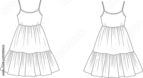 Fashion Flat Sketch of a Sleeveless Tiered Ruffle Hem Midi Dress Front and Back Views fashion sketch