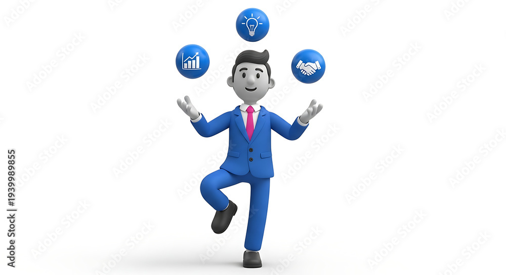 Fototapeta premium Cheerful cartoon businessman juggling business concepts with a smile