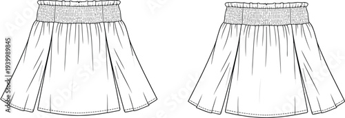 Fashion flat sketch of two smocked waist mini skirts with gathered fullness one with subtle pleating detail