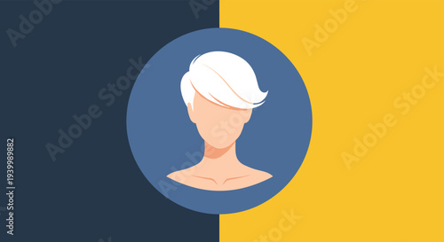 Flat design avatar icon of a person with short white hair and fair skin tone inside a blue circular frame.