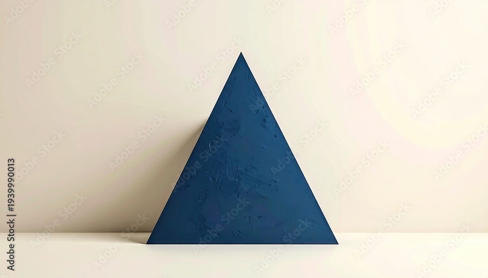 Fototapeta premium Blue geometric triangle leans on white wall, with soft lighting and minimalist backdrop, for design use