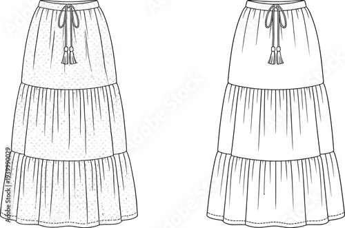 Fashion flat sketch of two tiered boho maxi skirts with drawstring waist and tassels one with a subtle dotted pattern and the other plain