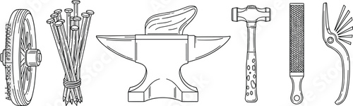 Blacksmith tools vector set with anvil, hammer, rasp, wheel, nails and metalworking equipment line art illustration for forge workshop
