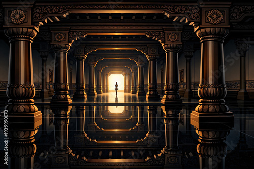 Indian Temple Corridor Pillars Symmetrical Architecture Interior