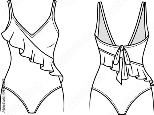 Front and back flat sketch of a white ruffled one-piece swimsuit with spaghetti straps and a tie back