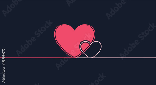 Minimalist neon style pink heart and outline heart connected by a single line on a dark navy blue background.