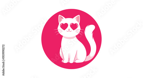 Cute white kitten with bright pink heart shaped eyes sitting inside a pink circular frame for Valentine's Day.