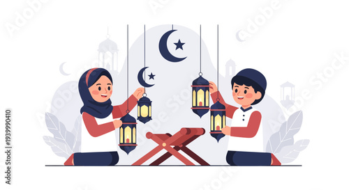 Ramadan illustration concept vector flat muslim children sharing lanterns