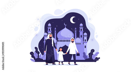 Ramadan concept vector illustration of a family with child flat design