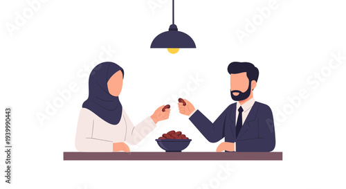 Vector illustration of Muslim couple sharing iftar during Ramadan