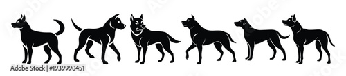 Black Dog Silhouette Set Stylized Canine Poses, Isolated Animals on White Background, Pet Illustrations for Breed Recognition