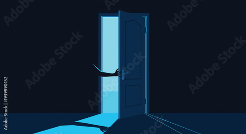 Mysterious hand opening a door into bright blue light from a dark room creating a sense of curiosity and suspense.