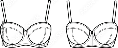 Front and back flat sketch of a white underwire bra with adjustable straps and a front closure lingerie
