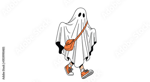Cool cartoon ghost character walking and wearing a stylish messenger bag and bright orange sneakers on white background.