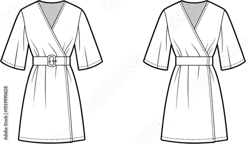 Front and back view line drawings of a belted wrap dress with short sleeves and V-neckline belted dress