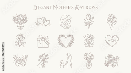 Elegant outline icons collection for Mother’s Day theme, flowers and love symbols