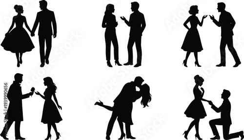 romantic couple silhouettes dating proposal kissing holding hands love relationship man woman romance engagement isolated vector illustration set