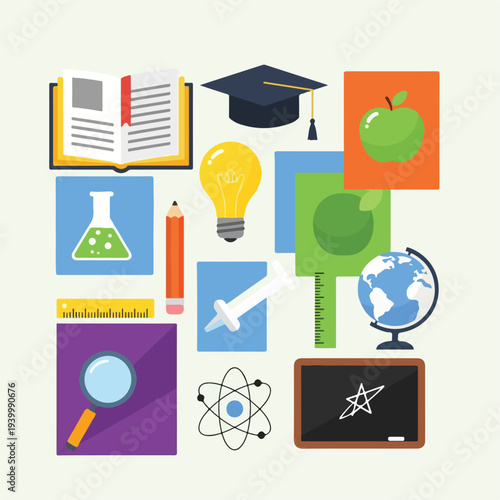 Assorted colorful illustrations of school and science-themed elements