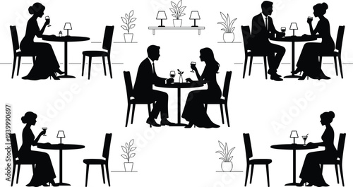 romantic couple dining silhouettes restaurant date drinking wine conversation isolated vector illustration set