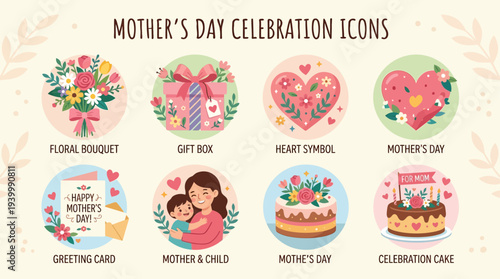 Mother’s Day celebration flat icon collection, floral bouquet, gift box, heart symbol, greeting card