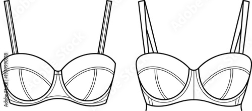 Front and side view line drawings of a structured underwire bra with adjustable straps structured bra