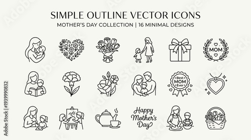 Simple outline vector icons for Mother’s Day greeting designs