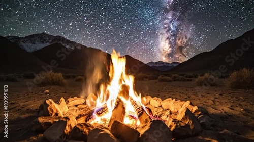 A vibrant campfire illuminates rocks under a starry sky with the Milky Way stretching above