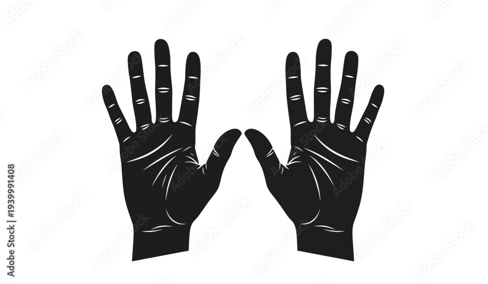 Obraz premium A pair of black hands with white markings on fingers and palms raised upwards in a gesture