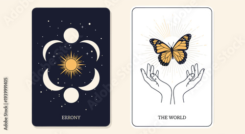 Mystical tarot card designs featuring celestial sun and moon symbols and a butterfly held by hands for spiritual themes.
