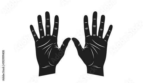 A pair of black hands with white markings on fingers and palms raised upwards in a gesture