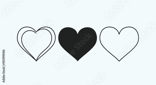 Set of three minimalist heart icons with different styles including solid black and outline versions for romantic designs.