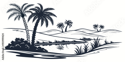 Desert Oasis Reflective Pond Minimal Flat Vector