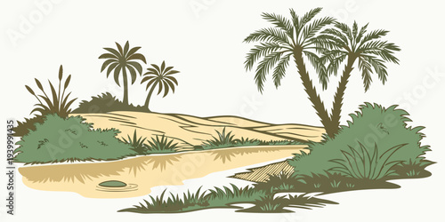 Desert Oasis Reflective Pond Minimal Flat Vector
