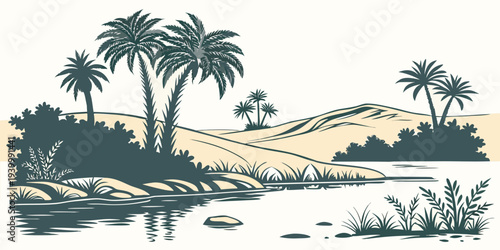 Desert Oasis Reflective Pond Minimal Flat Vector