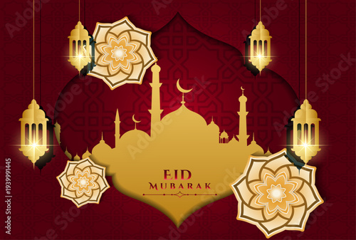 Eid Mubarak 3d background design | Traditional Islamic background with glowing light | Elegant abstract background with mandala water mark | Celebration card demo on gradient red background