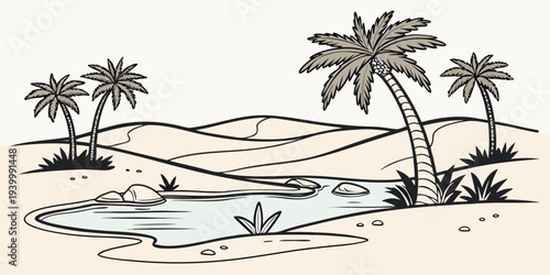 Desert Oasis Reflective Pond Minimal Flat Vector