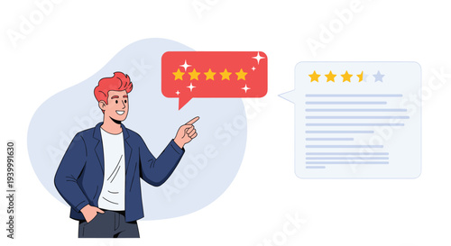 Professional man pointing to five star rating speech bubbles representing customer feedback and positive reviews.