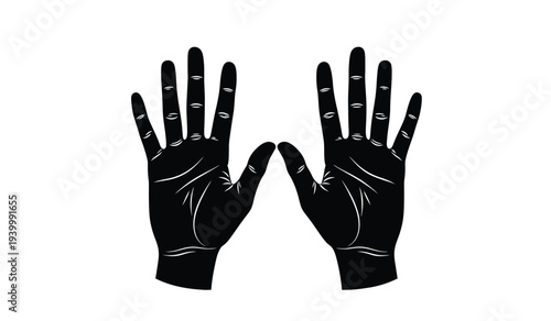 A pair of black gloves with palms facing inward and fingers spread apart