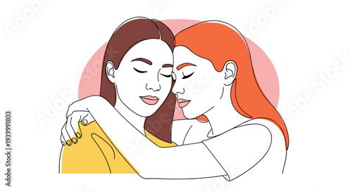 Two young women sharing a warm hug with closed eyes symbolize friendship, comfort, support, and deep emotional connection between people.