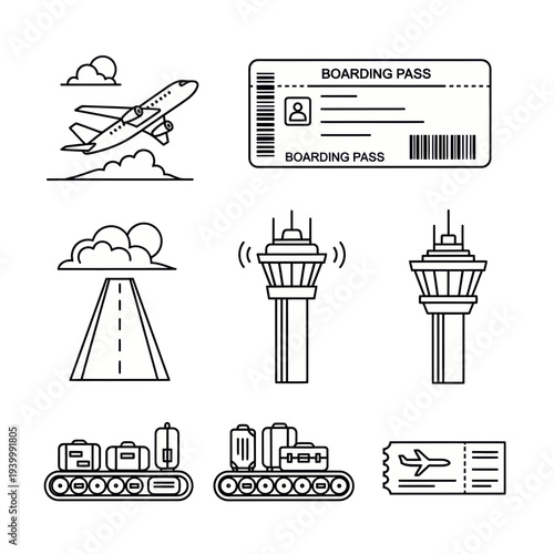 Airport travel icons for business trips and vacations