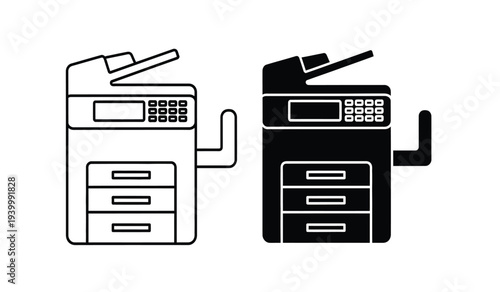 Black and white illustration of two office photocopiers with distinct designs