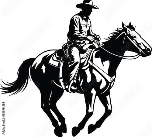 Black and White Vector Silhouette of a Cowboy Riding a Galloping Horse for Western Theme Graphic Design