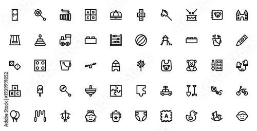 Kindergarten icon set. Vector illustration of toys and activities. Includes domino, rattle, xylophone, blocks, carousel, swing, teddy bear, crayon, and more. Editable stroke.