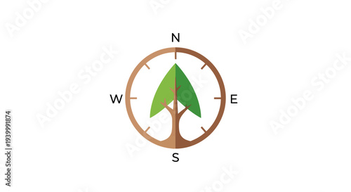 Eco friendly compass, green tree logo, navigation symbol, earthy direction icon
