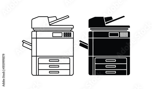 Detailed line drawings of two office filing cabinets with drawers and document scanners